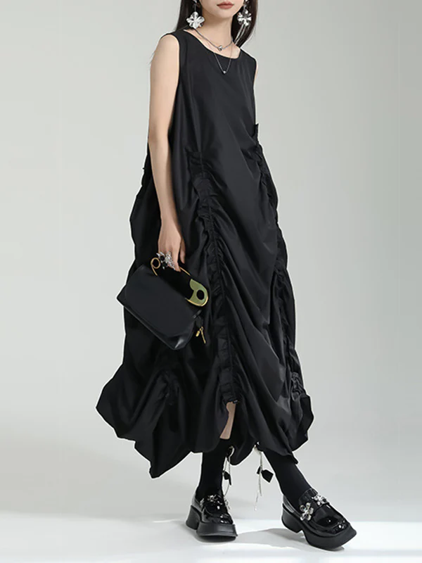Loose Sleeveless Asymmetric Elasticity Pleated Solid Color Round-Neck Midi Dresses - Image 4