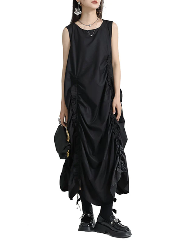 Loose Sleeveless Asymmetric Elasticity Pleated Solid Color Round-Neck Midi Dresses - Image 5