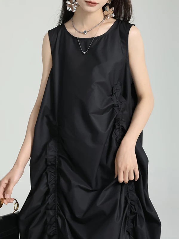 Loose Sleeveless Asymmetric Elasticity Pleated Solid Color Round-Neck Midi Dresses - Image 6