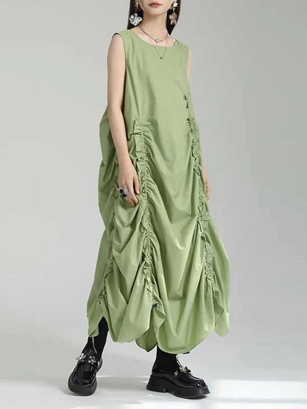 Loose Sleeveless Asymmetric Elasticity Pleated Solid Color Round-Neck Midi Dresses - Image 8