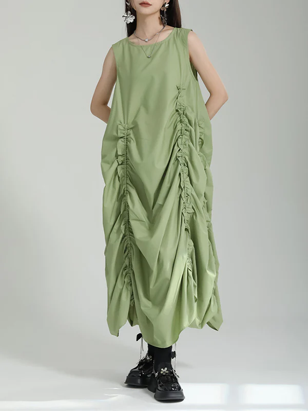 Loose Sleeveless Asymmetric Elasticity Pleated Solid Color Round-Neck Midi Dresses - Image 9