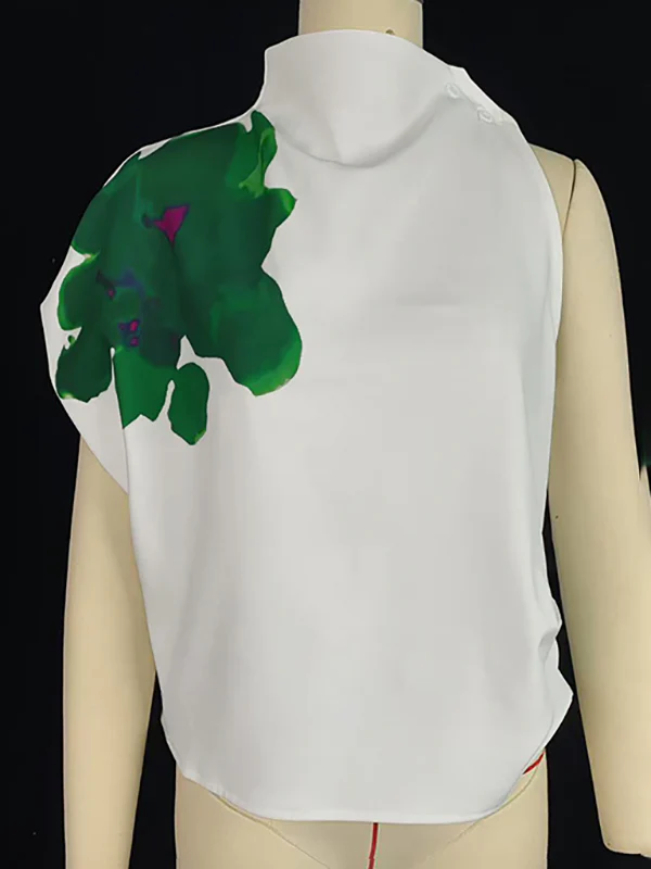 Loose Sleeveless Asymmetric Flower Print Mock Neck Vest Top - Image 3