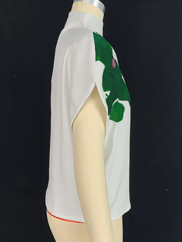 Loose Sleeveless Asymmetric Flower Print Mock Neck Vest Top - Image 4