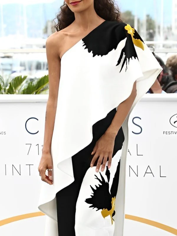 Loose Sleeveless Asymmetric Flower Print One-Shoulder Blouses&Shirts Tops - Image 2