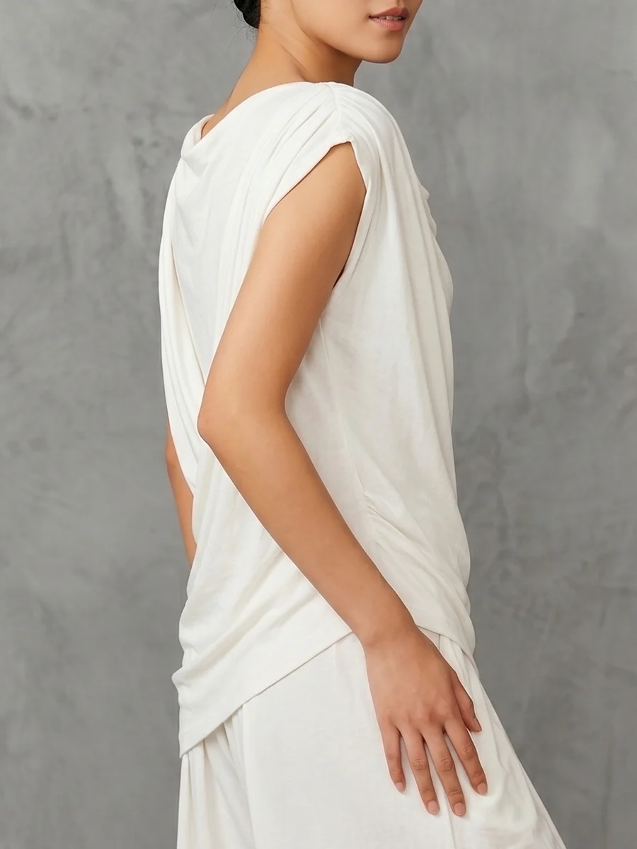 Loose Sleeveless Asymmetric Pleated Solid Color One-Shoulder Blouses&Shirts Tops - Image 2