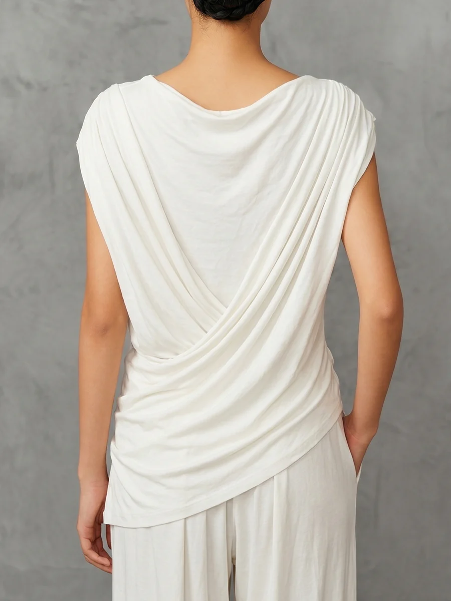 Loose Sleeveless Asymmetric Pleated Solid Color One-Shoulder Blouses&Shirts Tops - Image 3
