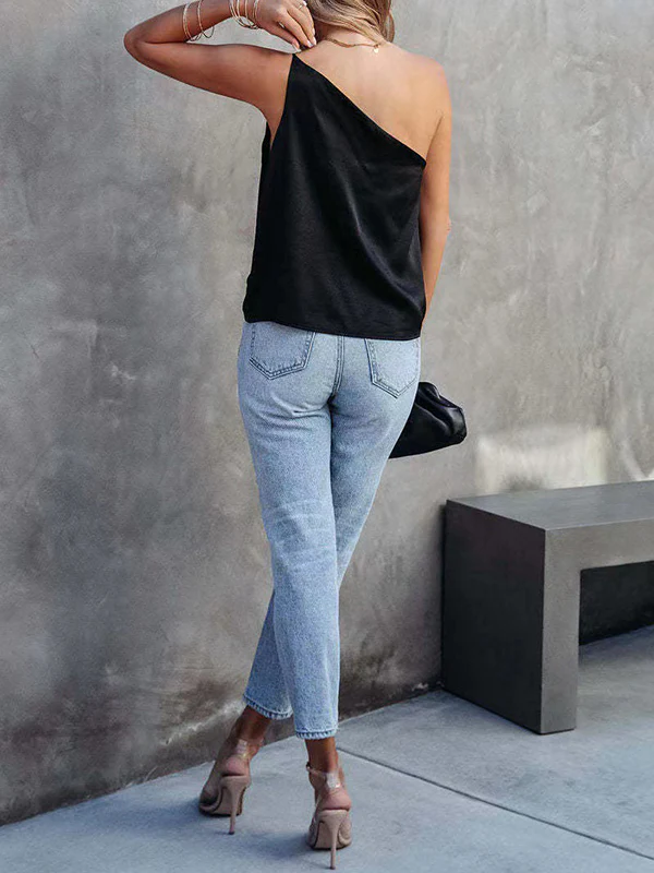 Loose Sleeveless Asymmetric Solid Color One-Shoulder Vest Top - Image 4