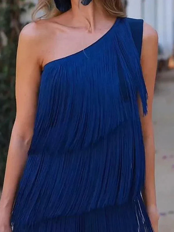 Loose Sleeveless Asymmetric Solid Color Split-Joint Tasseled One-Shoulder Maxi Dresses - Image 10