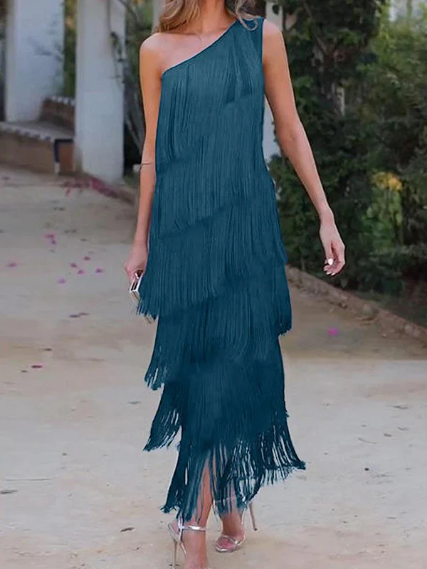 Loose Sleeveless Asymmetric Solid Color Split-Joint Tasseled One-Shoulder Maxi Dresses - Image 2