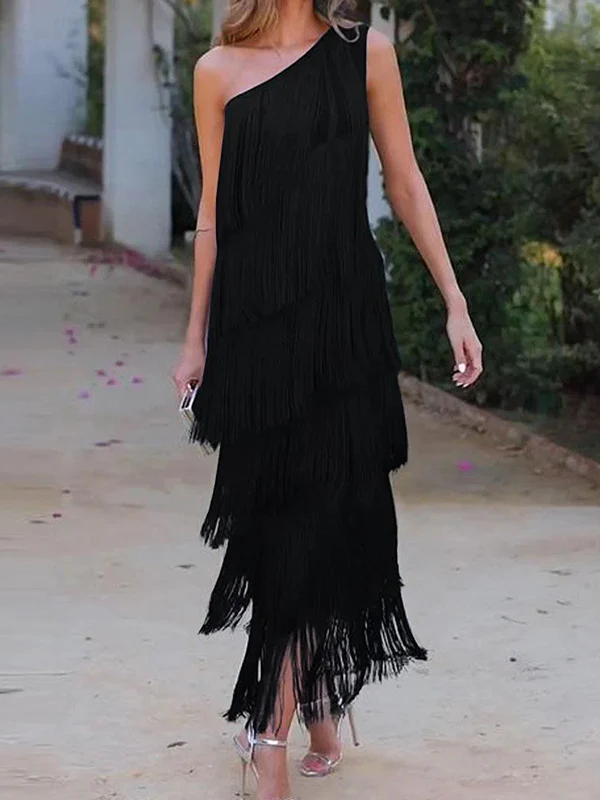 Loose Sleeveless Asymmetric Solid Color Split-Joint Tasseled One-Shoulder Maxi Dresses - Image 3
