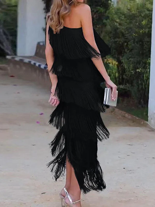 Loose Sleeveless Asymmetric Solid Color Split-Joint Tasseled One-Shoulder Maxi Dresses - Image 4