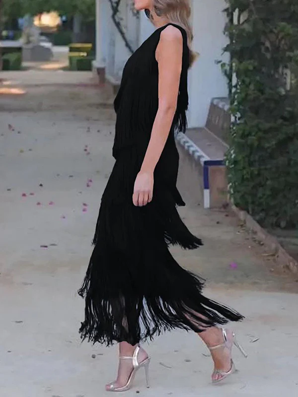 Loose Sleeveless Asymmetric Solid Color Split-Joint Tasseled One-Shoulder Maxi Dresses - Image 5