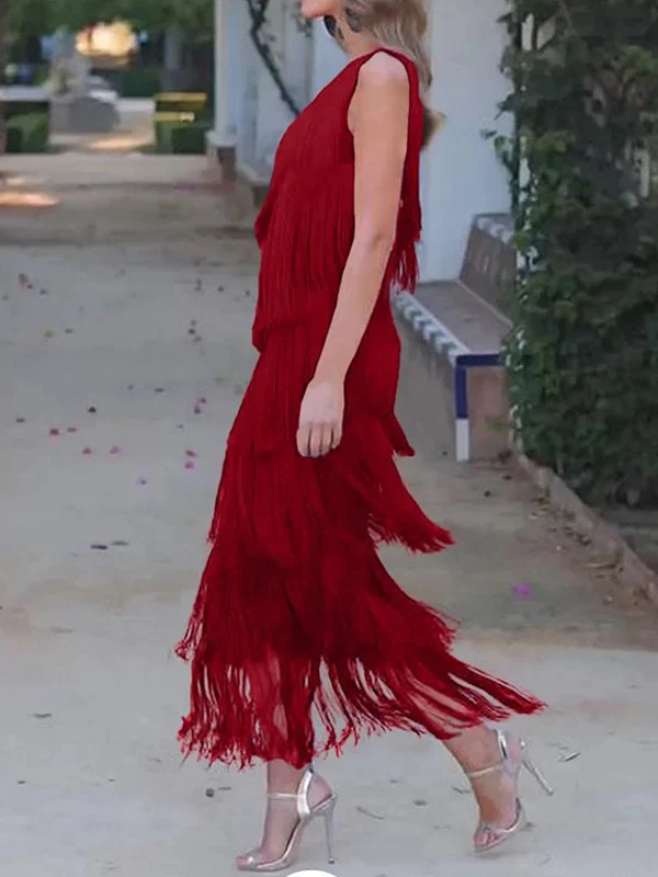 Loose Sleeveless Asymmetric Solid Color Split-Joint Tasseled One-Shoulder Maxi Dresses - Image 6