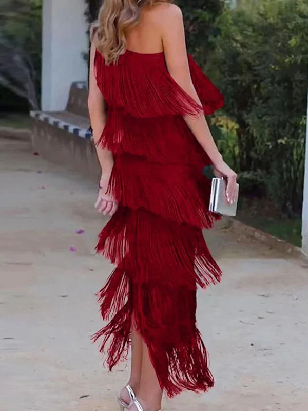 Loose Sleeveless Asymmetric Solid Color Split-Joint Tasseled One-Shoulder Maxi Dresses - Image 7