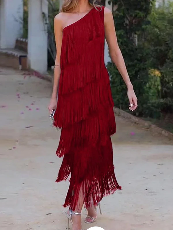 Loose Sleeveless Asymmetric Solid Color Split-Joint Tasseled One-Shoulder Maxi Dresses - Image 8