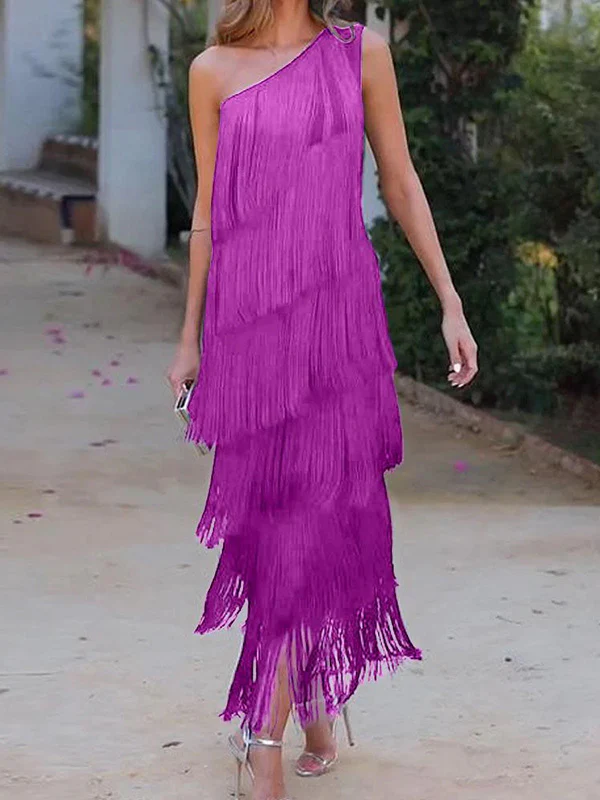 Loose Sleeveless Asymmetric Solid Color Split-Joint Tasseled One-Shoulder Maxi Dresses - Image 9