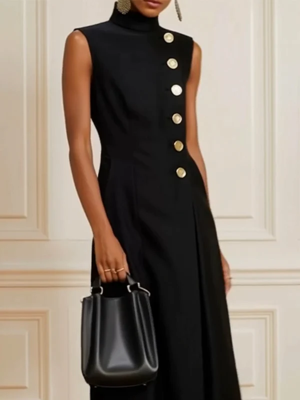 Loose Sleeveless Asymmetric Split-Joint High Neck Midi Dresses - Image 2
