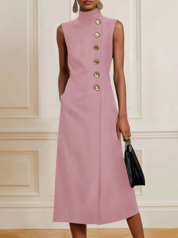 Loose Sleeveless Asymmetric Split-Joint High Neck Midi Dresses - Image 6