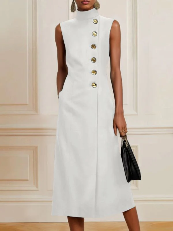 Loose Sleeveless Asymmetric Split-Joint High Neck Midi Dresses - Image 7