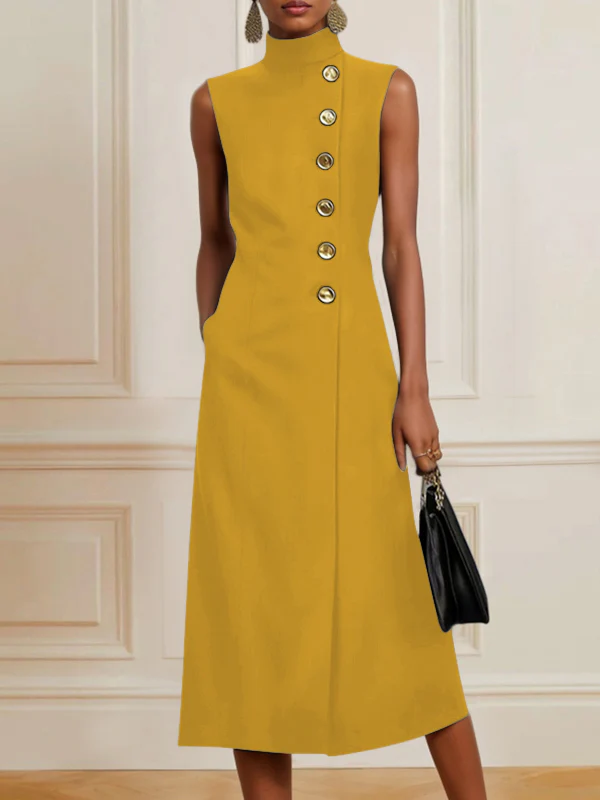 Loose Sleeveless Asymmetric Split-Joint High Neck Midi Dresses - Image 8
