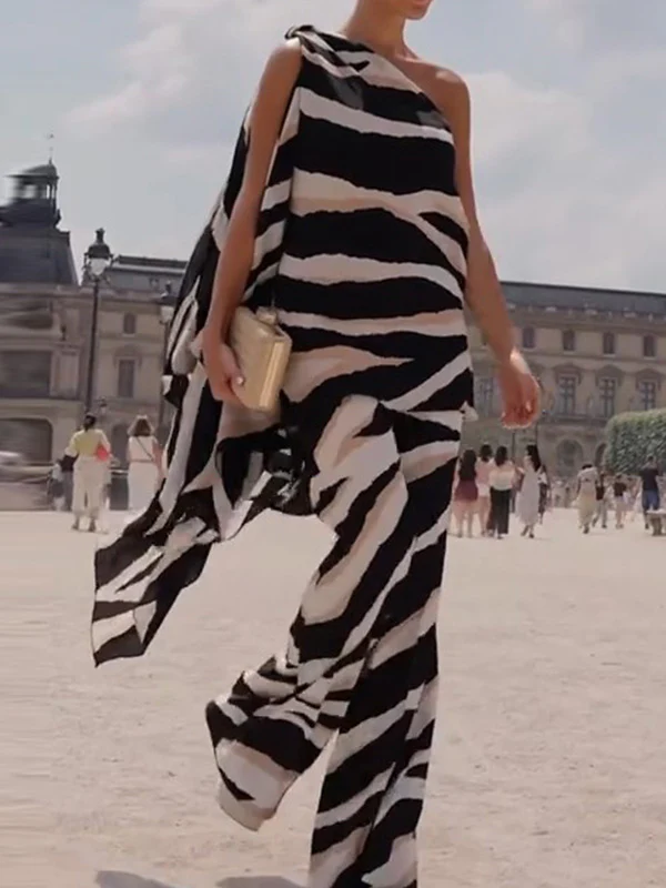 Loose Sleeveless Asymmetric Zebra-Stripe One-Shoulder Vest Top - Image 2