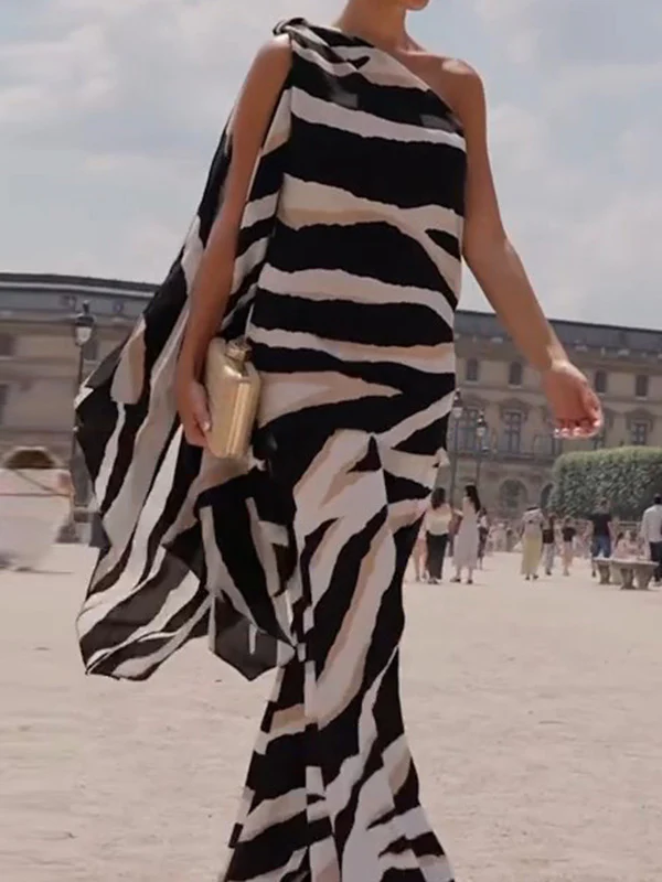 Loose Sleeveless Asymmetric Zebra-Stripe One-Shoulder Vest Top - Image 3