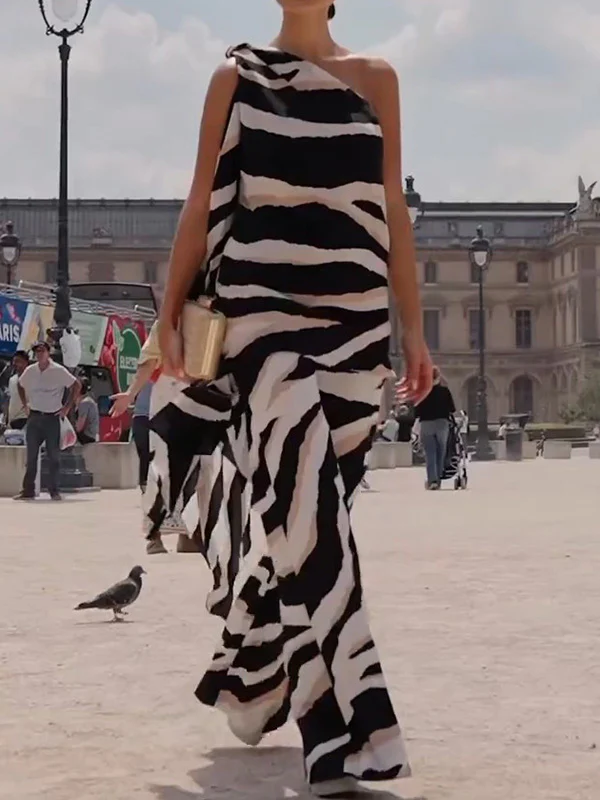Loose Sleeveless Asymmetric Zebra-Stripe One-Shoulder Vest Top - Image 5