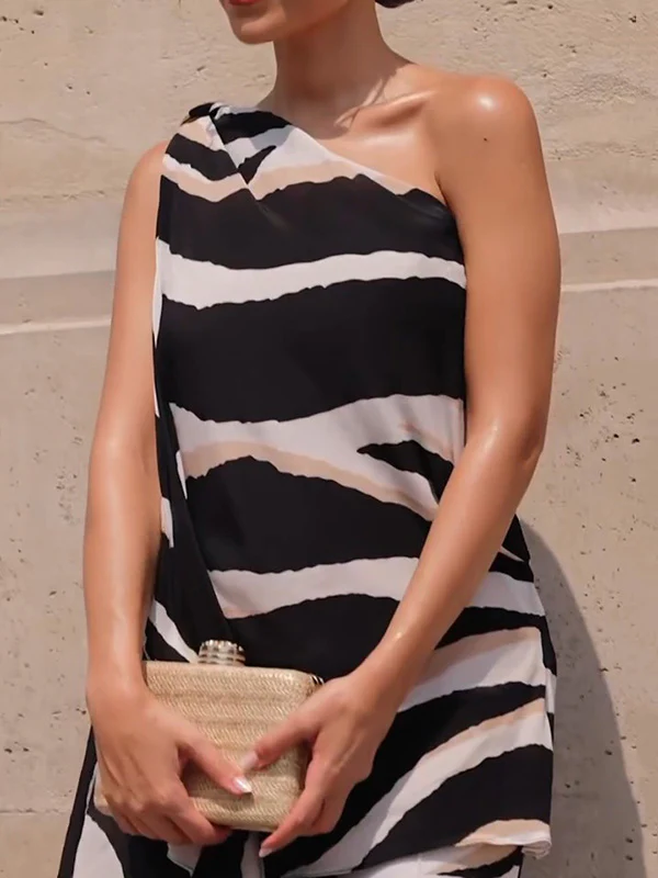 Loose Sleeveless Asymmetric Zebra-Stripe One-Shoulder Vest Top - Image 6