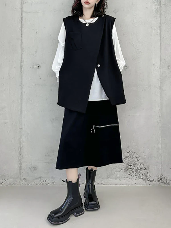 Loose Sleeveless Asymmetric Zipper Round-Neck Vest Top - Image 10