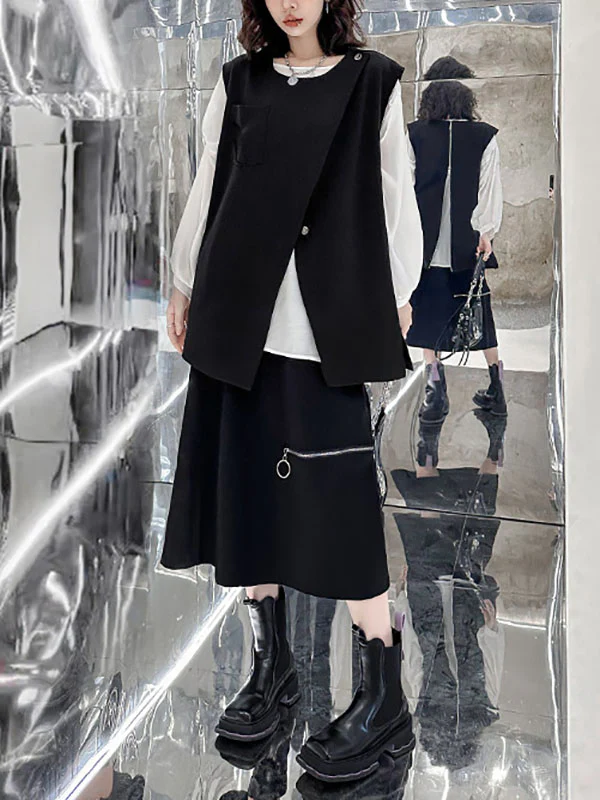 Loose Sleeveless Asymmetric Zipper Round-Neck Vest Top - Image 11