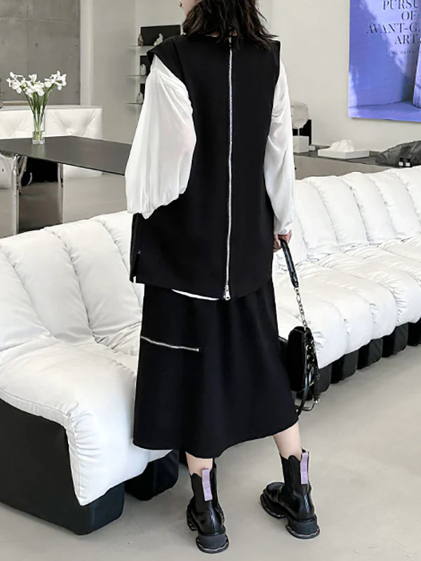 Loose Sleeveless Asymmetric Zipper Round-Neck Vest Top - Image 13