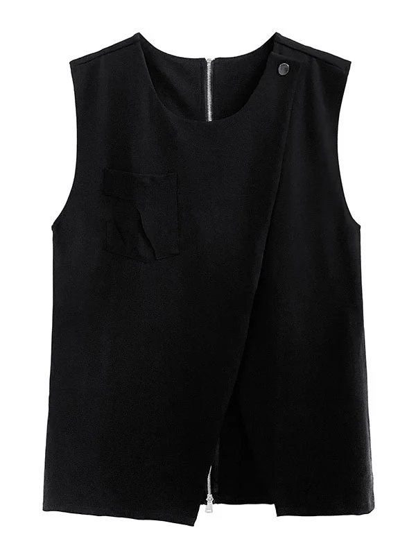 Loose Sleeveless Asymmetric Zipper Round-Neck Vest Top - Image 16