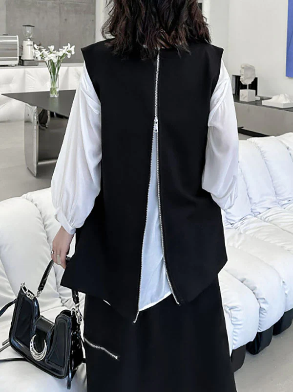 Loose Sleeveless Asymmetric Zipper Round-Neck Vest Top - Image 2