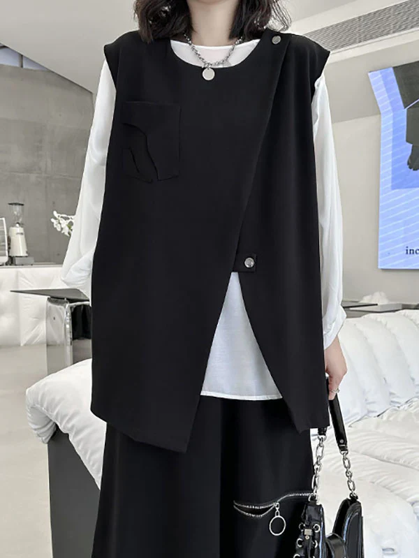 Loose Sleeveless Asymmetric Zipper Round-Neck Vest Top - Image 3