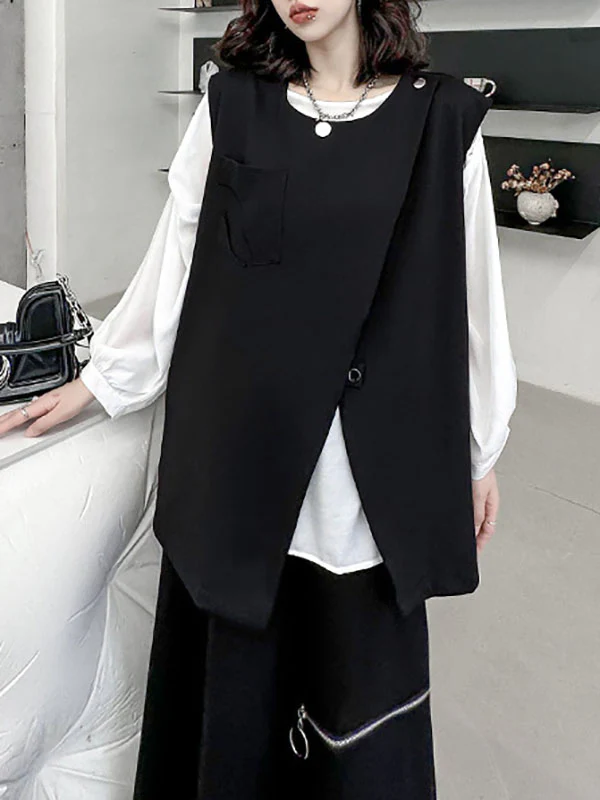 Loose Sleeveless Asymmetric Zipper Round-Neck Vest Top - Image 4