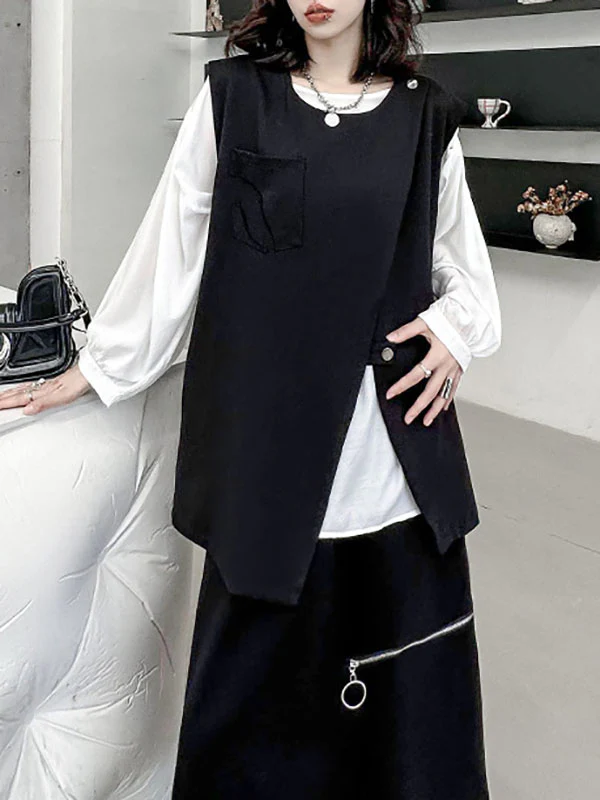 Loose Sleeveless Asymmetric Zipper Round-Neck Vest Top - Image 5