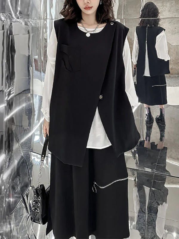 Loose Sleeveless Asymmetric Zipper Round-Neck Vest Top - Image 6