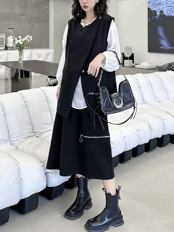 Loose Sleeveless Asymmetric Zipper Round-Neck Vest Top - Image 7