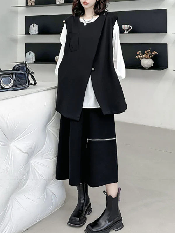 Loose Sleeveless Asymmetric Zipper Round-Neck Vest Top - Image 8