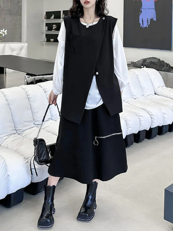 Loose Sleeveless Asymmetric Zipper Round-Neck Vest Top - Image 9