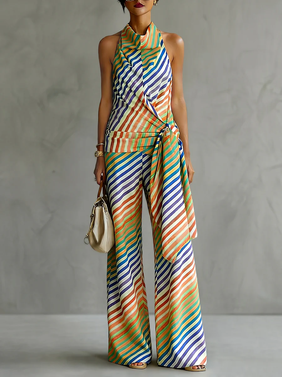 Loose Sleeveless Backless Contrast Color Striped Tied Halter-Neck Vest Top - Image 2