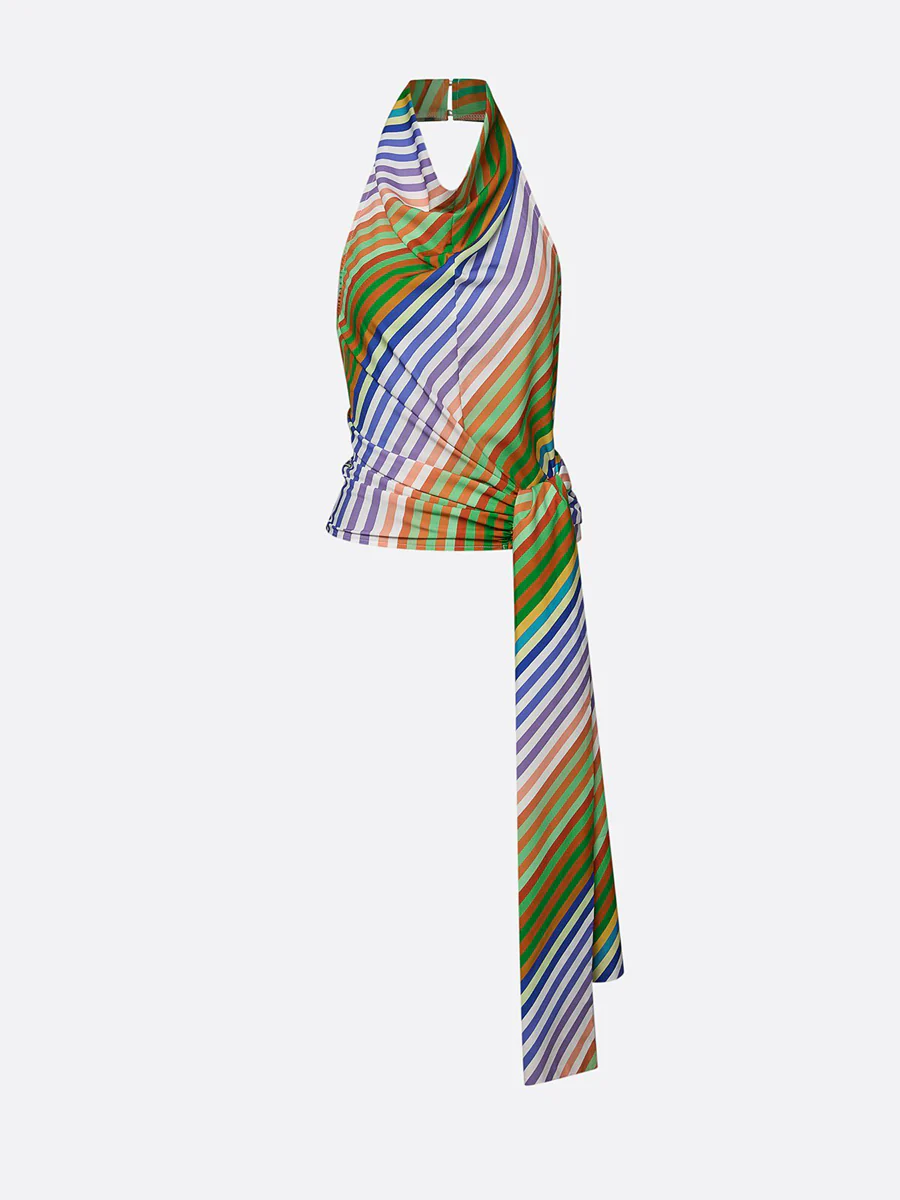 Loose Sleeveless Backless Contrast Color Striped Tied Halter-Neck Vest Top - Image 5
