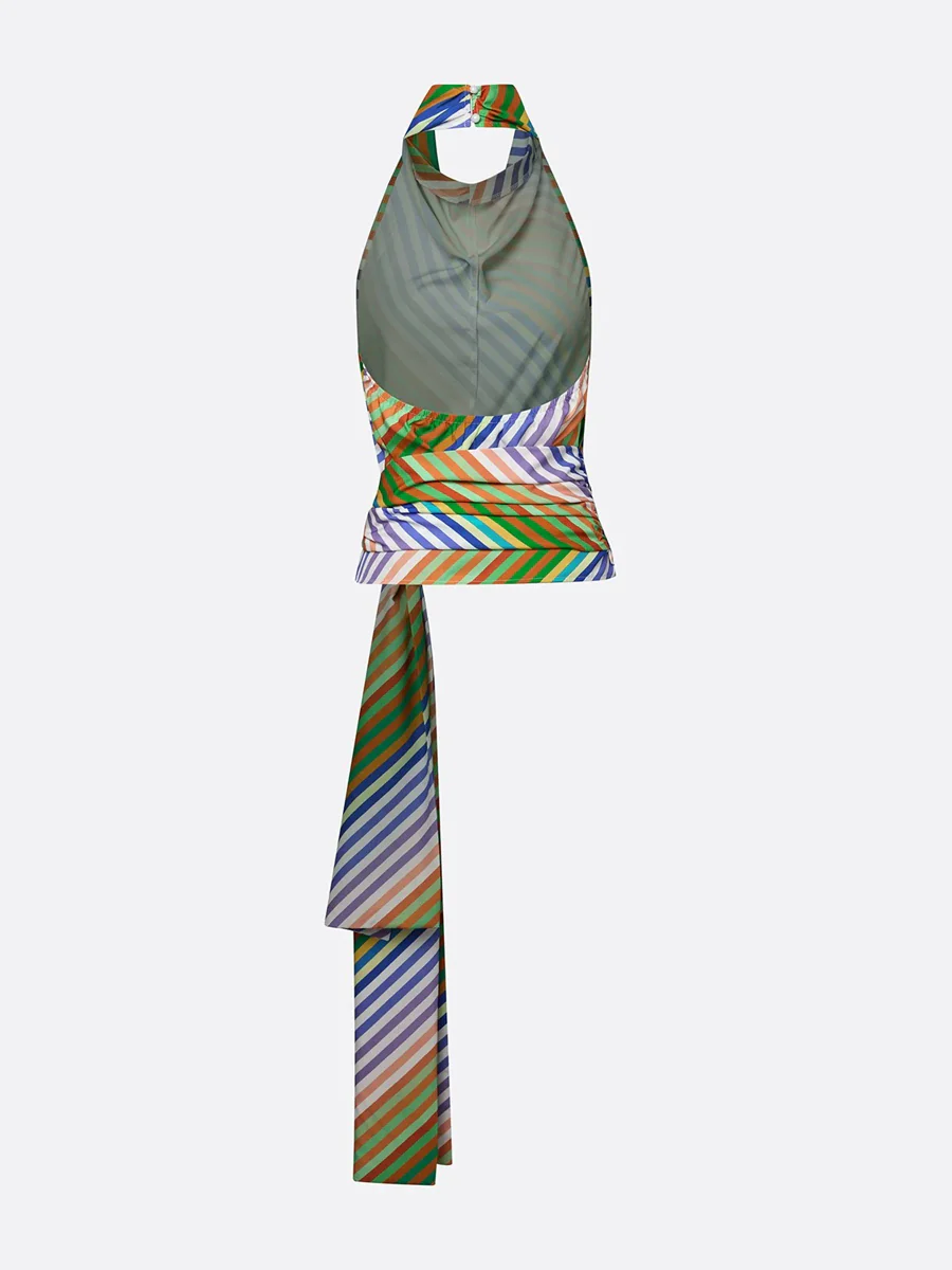 Loose Sleeveless Backless Contrast Color Striped Tied Halter-Neck Vest Top - Image 6