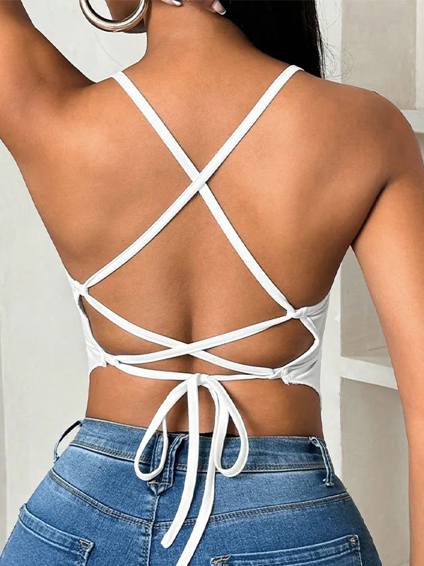 Loose Sleeveless Backless Pleated Solid Color Tied Deep V-Neck Vest Top - Image 2