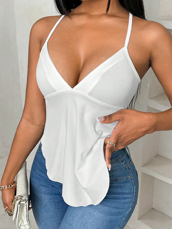 Loose Sleeveless Backless Pleated Solid Color Tied Deep V-Neck Vest Top - Image 5