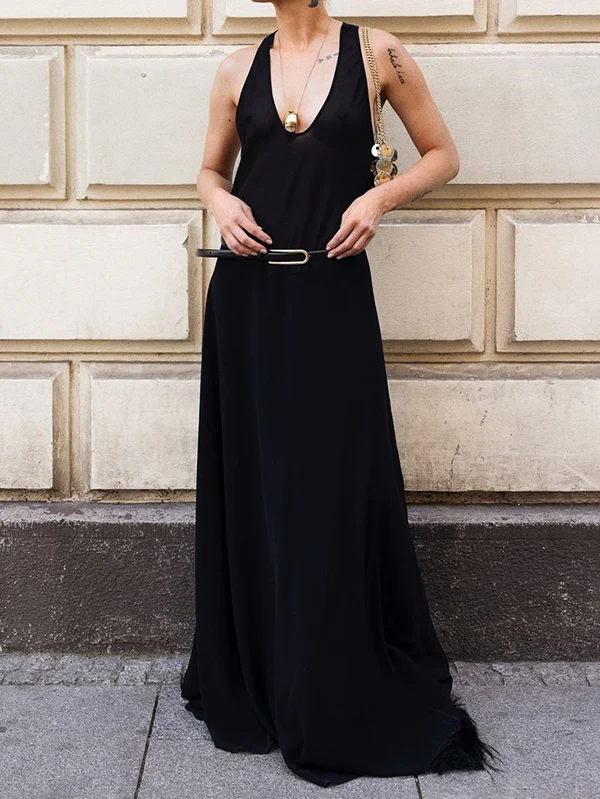 Loose Sleeveless Belted See-Through Solid Color Halter-Neck Maxi Dresses - Image 2