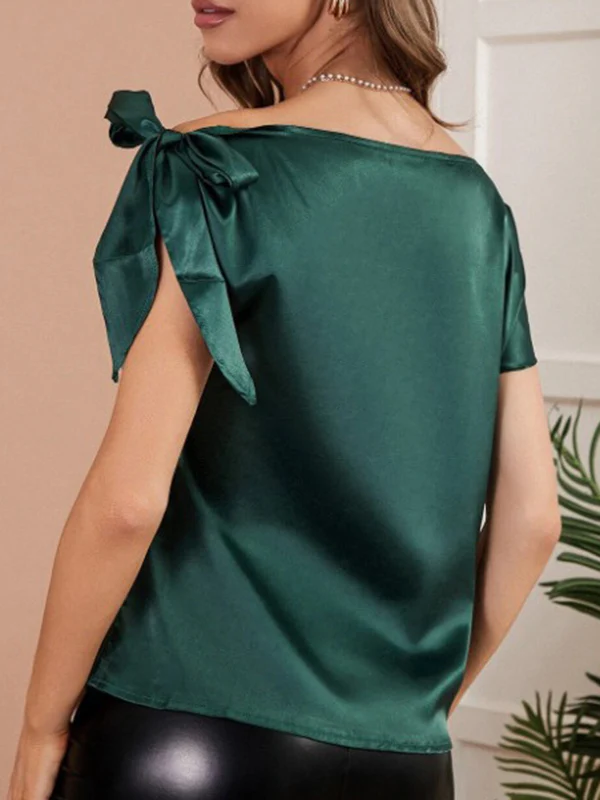 Loose Sleeveless Bowknot Solid Color One-shoulder T-Shirts Tops - Image 9
