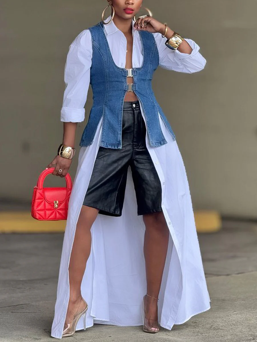 Loose Sleeveless Buckle Solid Color Split-Front U-Neck Vest Outerwear Vest Top - Image 2