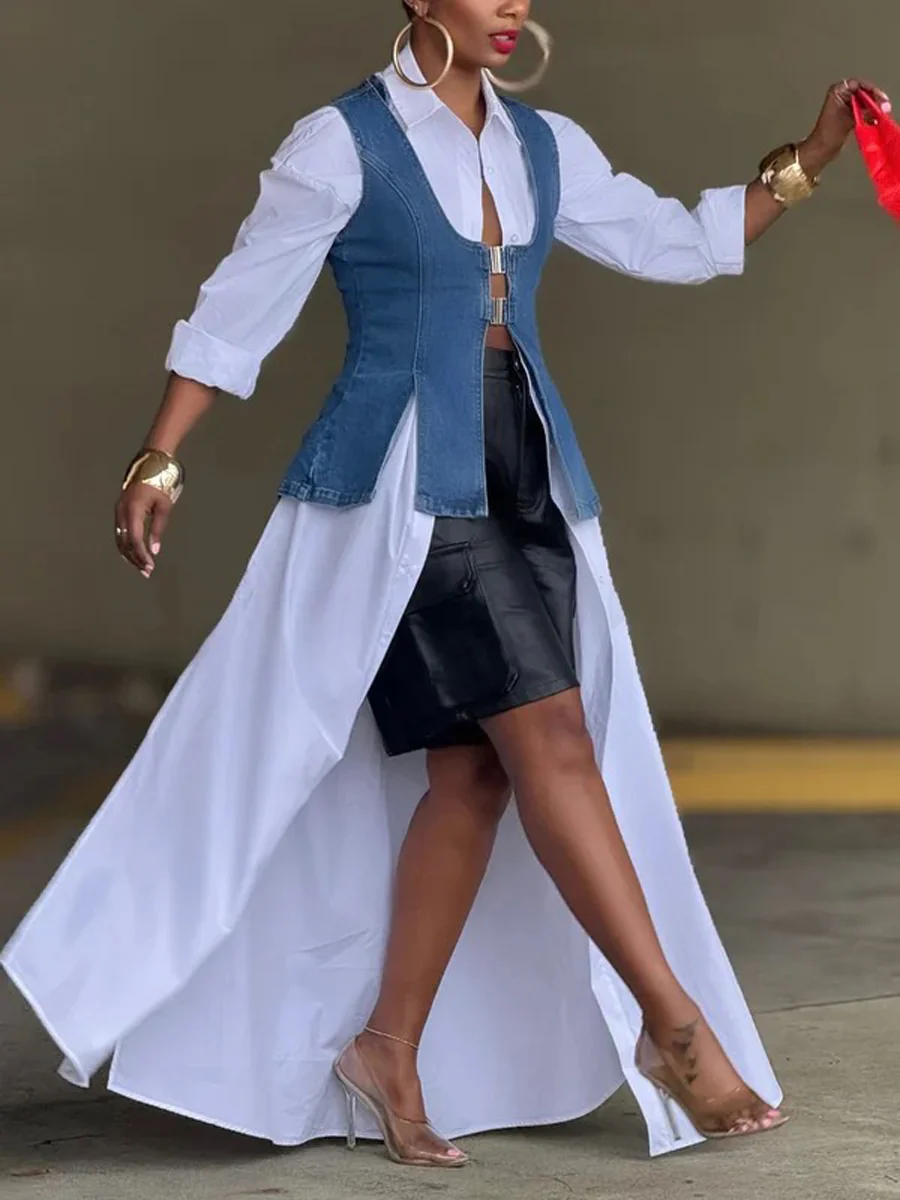 Loose Sleeveless Buckle Solid Color Split-Front U-Neck Vest Outerwear Vest Top - Image 3