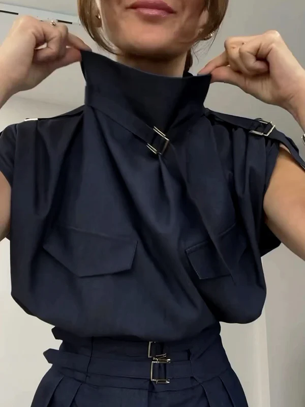Loose Sleeveless Buckle Solid Color Stand Collar Blouses&Shirts Tops - Image 13